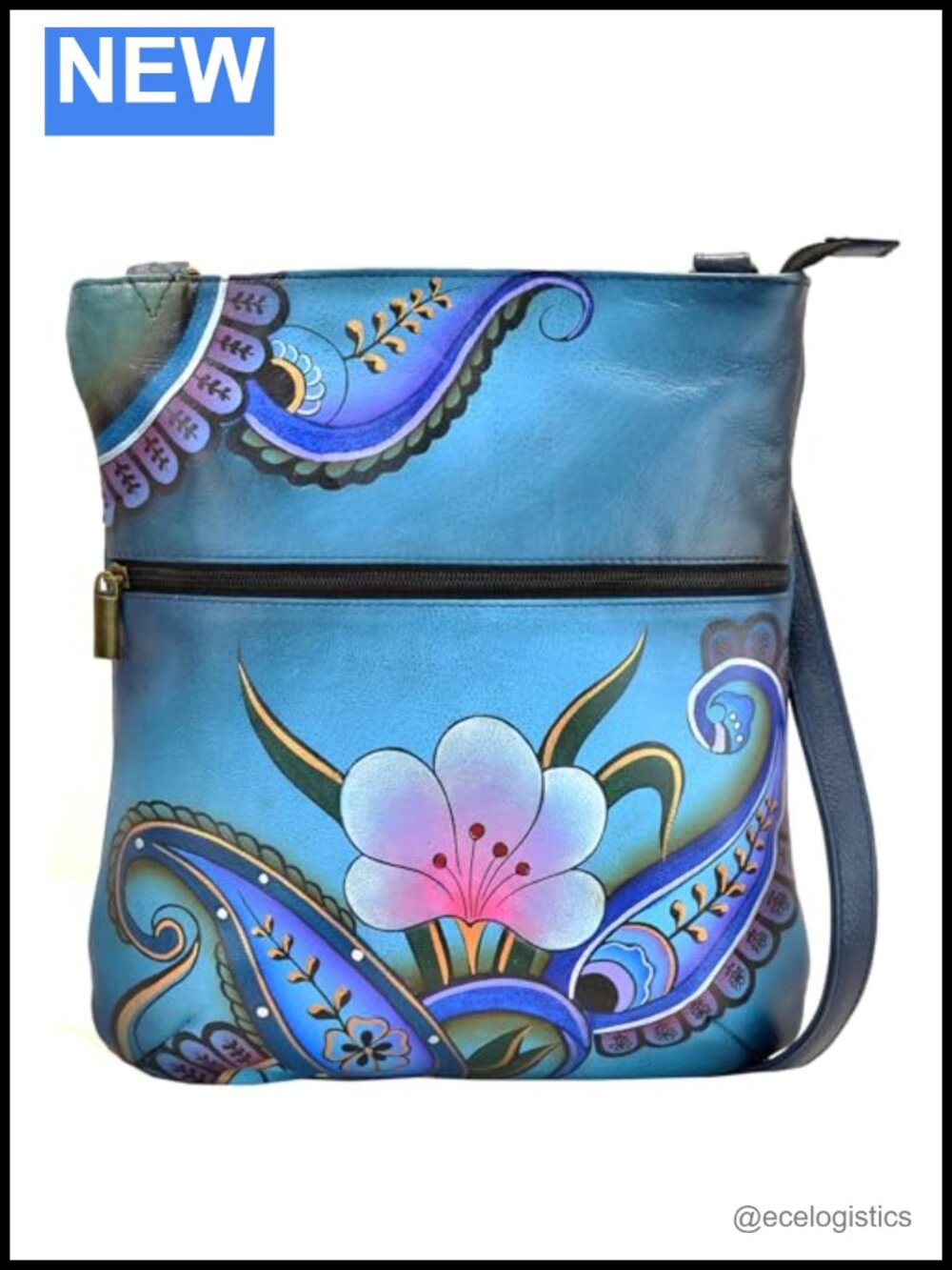 Hand-Painted Genuine Leather Slim Crossbody Bag with Adjustable Strap
